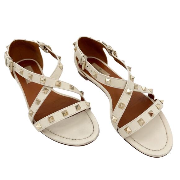 Valentino Shoes - Valentino Rockstud Criss Cross Strap Flat Leather Sandals Cream EU 37.5 US 7.5